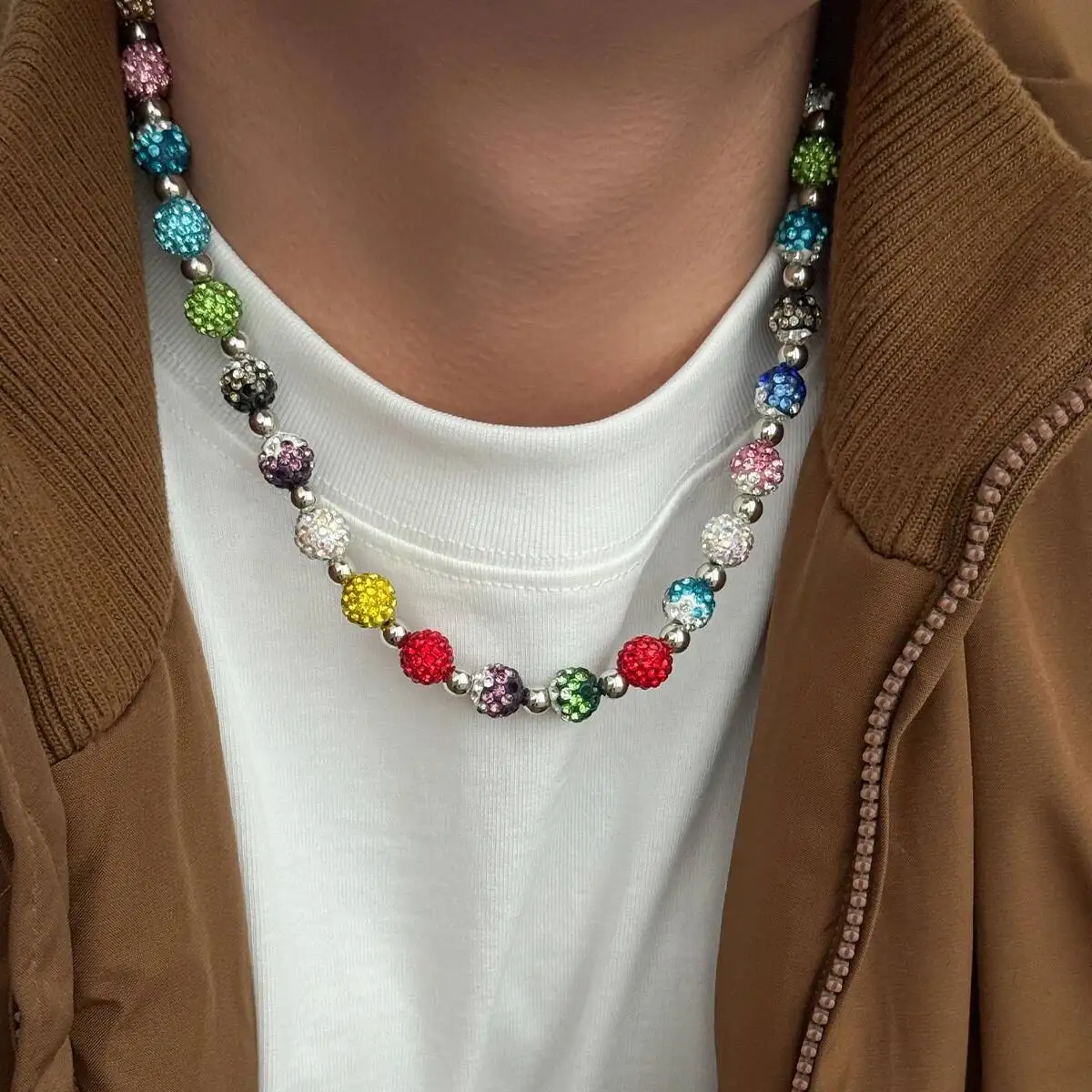 PuRui Y2K Böhmen Bunte Acryl Perlen Strass Halsband Halskette für Männer Mode Charme Hals Zubehör Täglichen Schmuck Geschenke