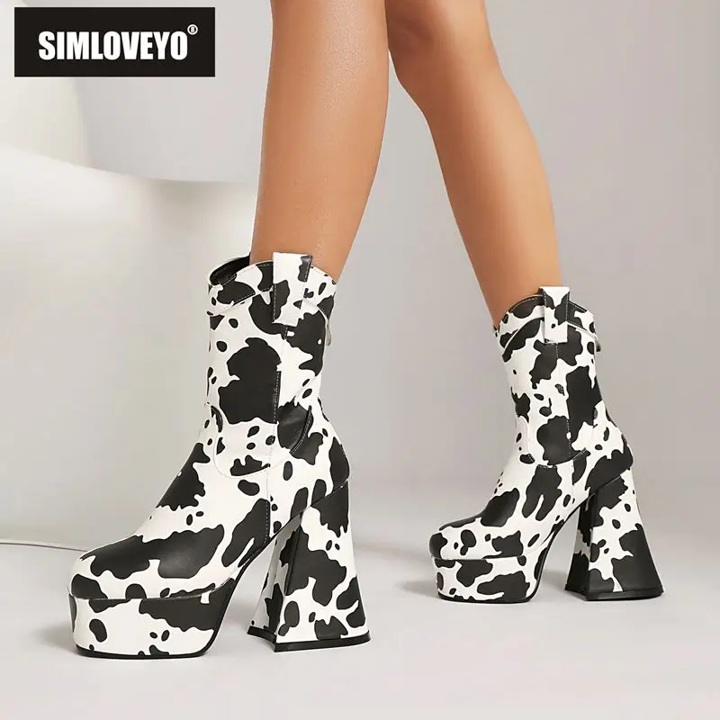 SIMLOVEYO2025 New Cowboy Western Boots Round Toe 12cm High Heels 3.6cm Platform Back Zipper Big Size 41 42 43