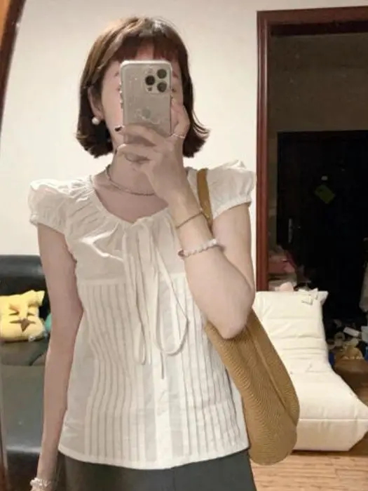 

Japanese mat Sle Girls Bubble Sve T-irt Knot Design Summer Cute Feel Original Design Women's irt