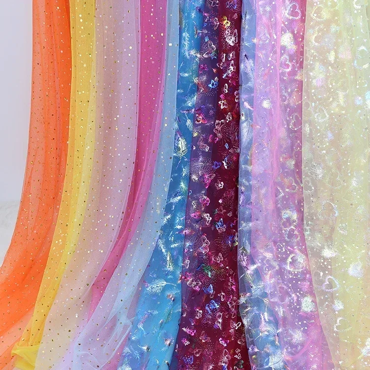 Butterfly Polka Dot Tulle Mesh Fabric By Meters for Skirts Clothing Decoration Sewing Transparent Feather Glitter Soft Cloth Red