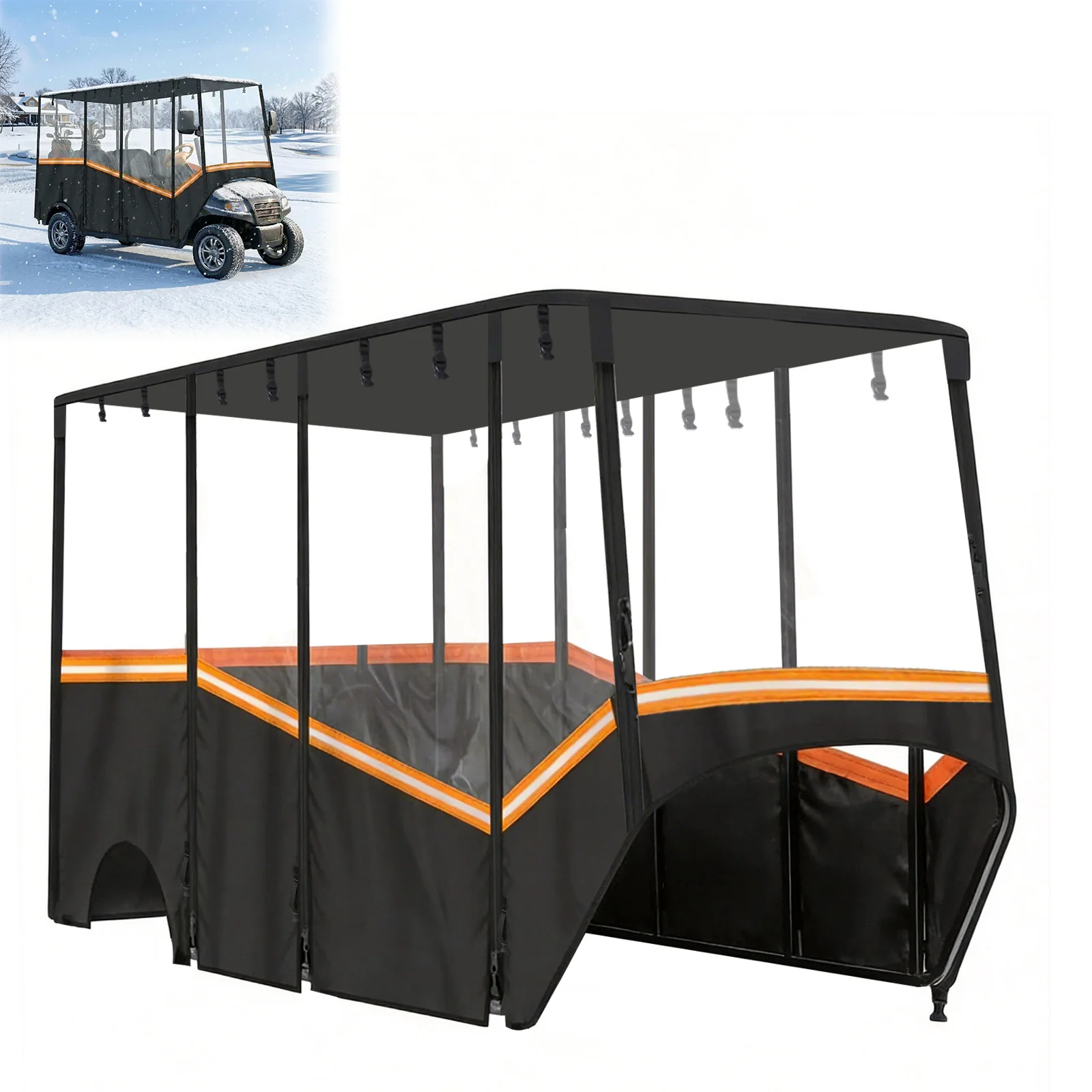 

6 Seater Golf Cart Rain Cover with Transparent Windshield & Reflective Strips 600D Waterproof Oxford Fabric for Club Car