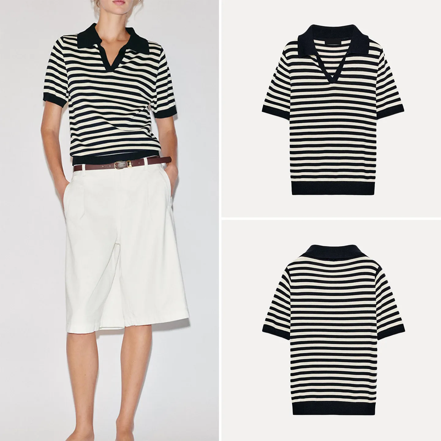 Fashionable Women's Knitted  Shirt V-Neck Striped Short Sleeve Classic Style Business Casual Pure E-commerce Sale 2026 Au...
