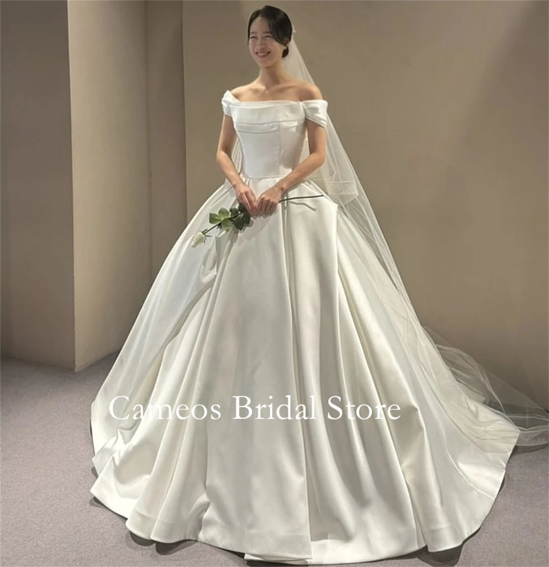 

SONDR Korea Off Shoulder Wedding Dress Custom Made Formal Bride Dress White Ball Gowns 웨딩드레스 Corset Satin Wedding Gown Bridal