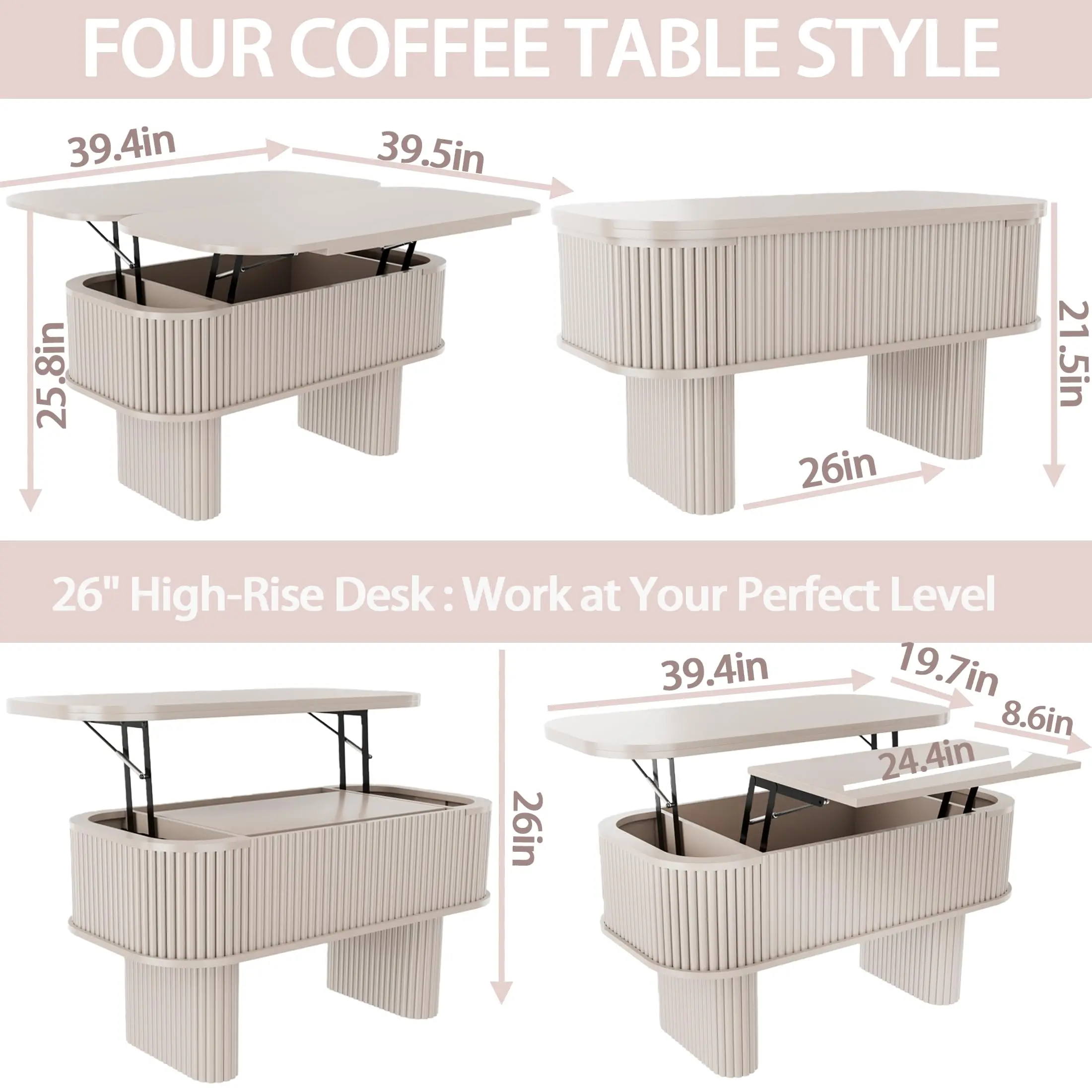 Lifting Coffee Table for Living Room，26-Inch Lift that Converts to Dining Table，3 in 1 Pull Out Coffee Table with