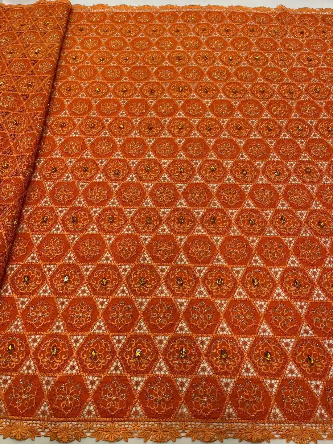 

Orange African Chiffon Lace Fabric High Quality Embroidered Stones Nigerian Cotton Lace Fabric French Materials For Party Dress