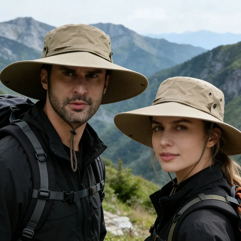 Outdoor Wide Brim Sun Hat UPF 50+ Breathable Mesh Bucket Hat Adjustable Strap Fishing Hiking Camping Safari Hat for Men Women
