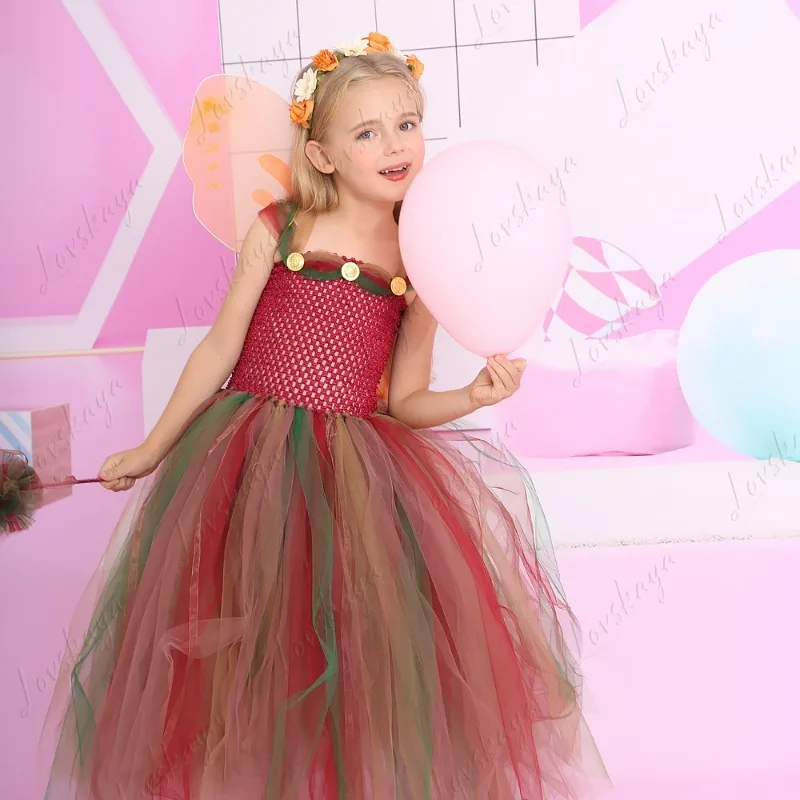 Forest Fairy Princess Dress with Small Child's Formal Gown Set for Halloween Performance Outfit