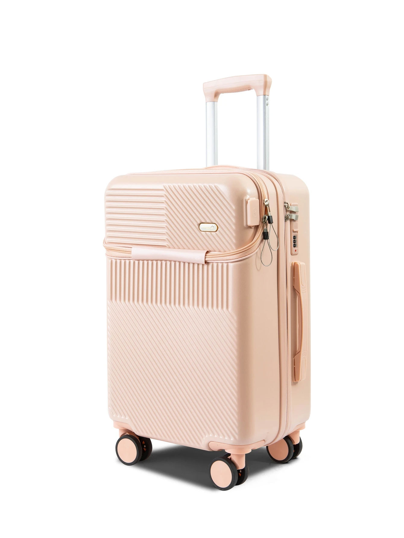 Fashionable semi open rechargeable striped simple large capacity luggage compartment with side hooks and universal wheels