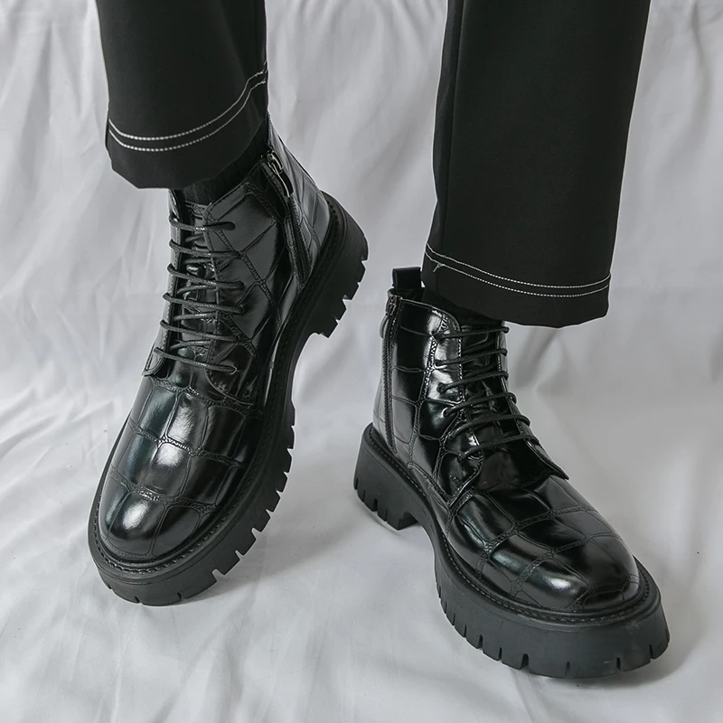 

New men's high-top crocodile-patterned leather boots with thick-soled zippers fashionable and trendy fashion boots for men