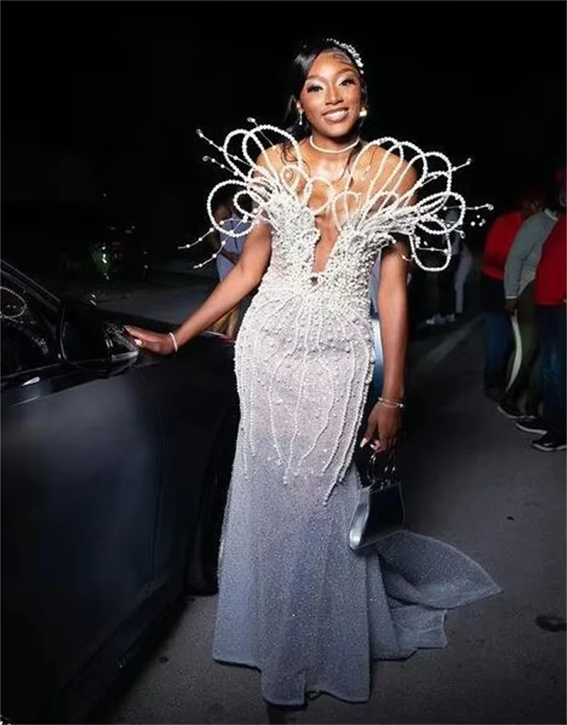 Elegant Pearl Beaded Mermaid Evening Dress Custom Made Arabic African Long Prom Dresses 2024 Women Party Celebrity Dresses Robe