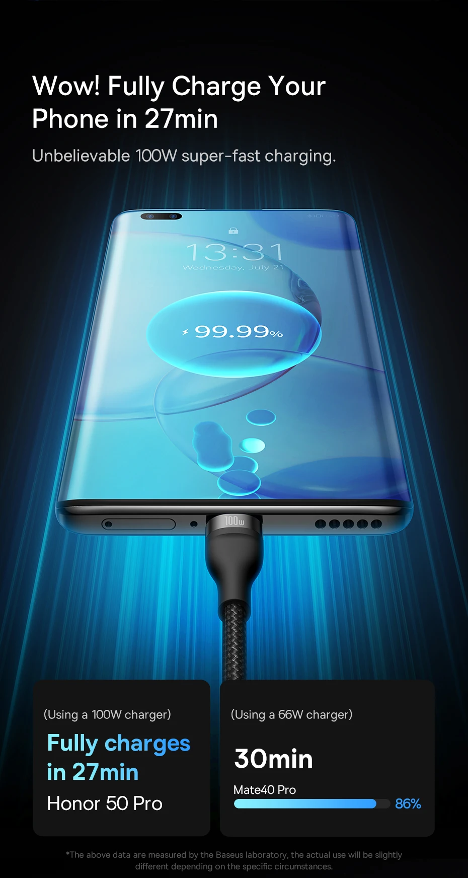 Cable USB Tipo C 3 en 1 Baseus, Cable de Carga Rápida de 100W para Honor 50 Pro, Cargador para Teléfono Xiaomi Samsung, 