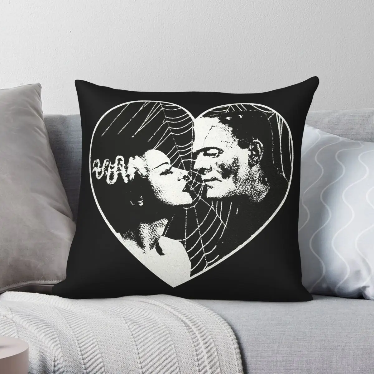 Frankenstein And Bride Goth Emo Heart Pillowcase Polyester Linen Velvet Pattern Zip Decorative Pillow Case Bed Cushion Cover