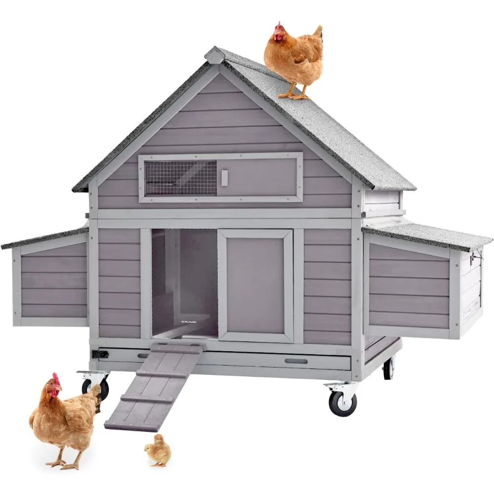 

Chicken Coop with Wheels Large Hen House with Nesting Boxes Poultry Cage for 3-5 Hens Outdoor Duck Coop