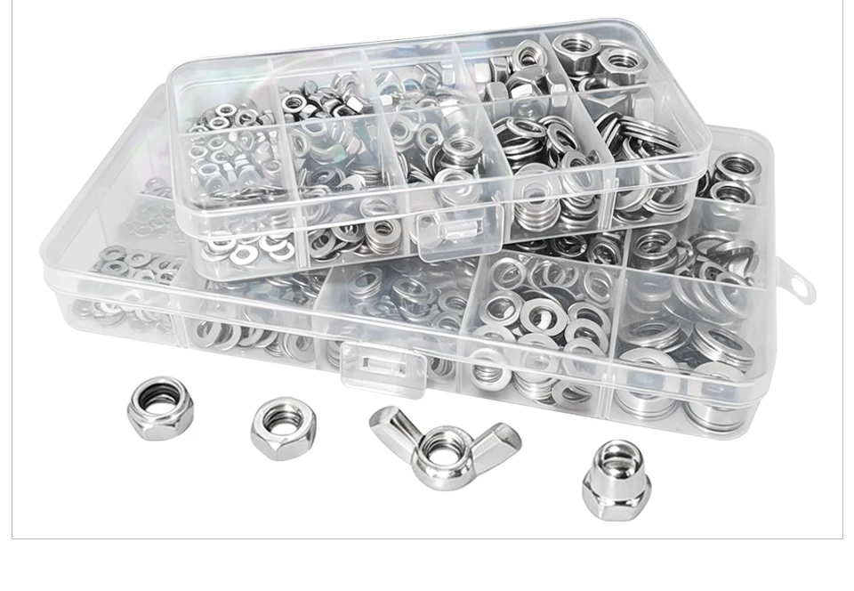Edelstahl-Mutter-Flachfederscheiben-Kombinations-Box-Set SS304 M3-M8 DIN934DIN985DIN1587DIN315 Sechskant-Sicherungskappe Flügelschrauben-Set – Detail 18