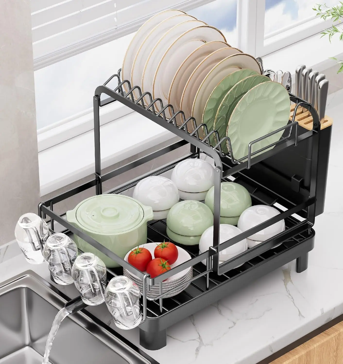 2-Tier Dish Drying Rack with Drainboard, Large Capacity Detachable 4-in-1 Kitchen Counter Organizer, Black