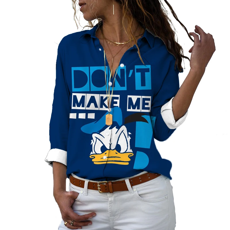 Donald Duck Mickey Minnie Animation 2024 Spring New Harajuku Fashion Lapel Long Sleeve Single Breasted Casual Shirt Y2K