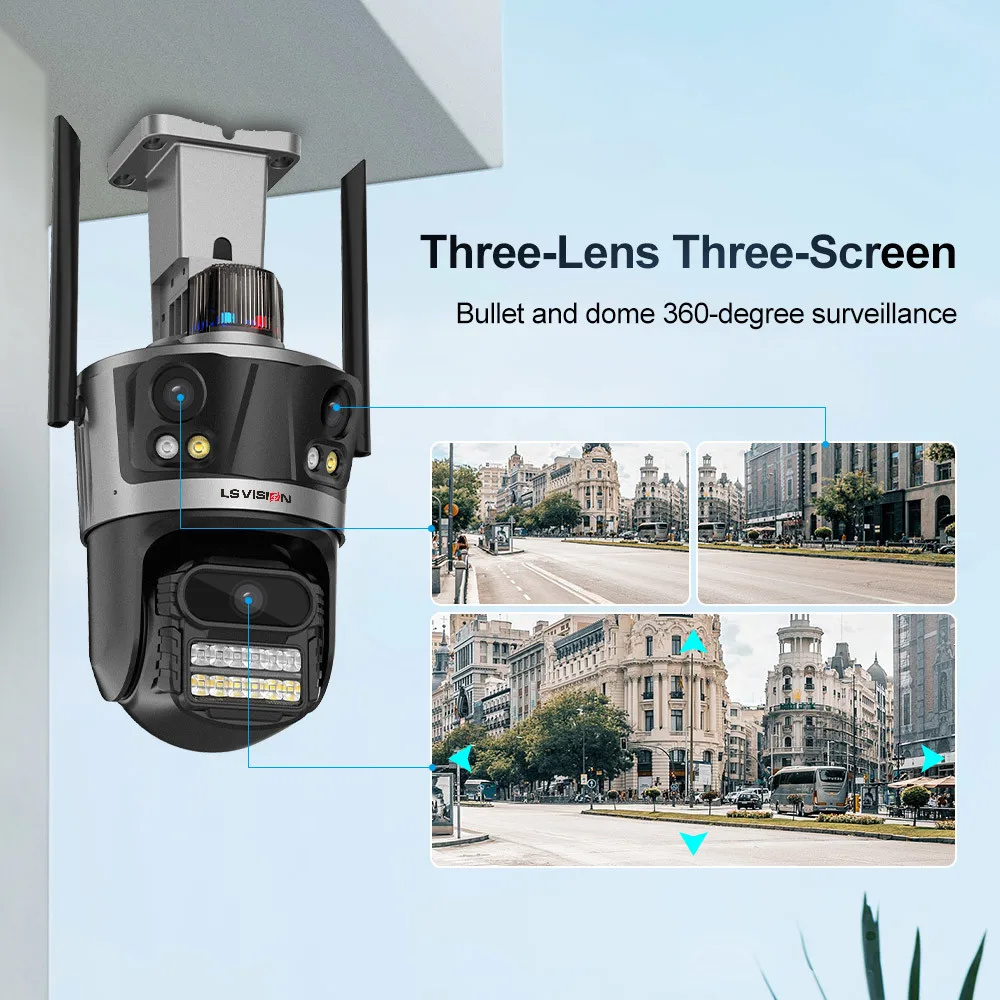 LS VISION 12MP 6K WIFI IP 야외 카메라 모션 추적 PTZ 3K 비디오 카메라 3 렌즈 3 화면 보안 CCTV Survalance