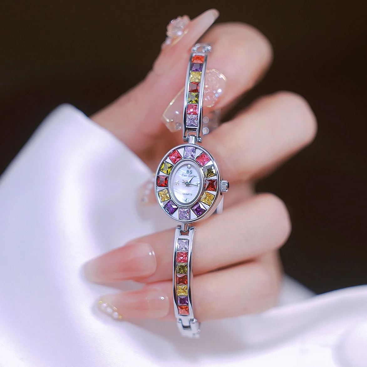 2024 Bs Bee Sister Gradient Rainbow Crystal Watch for Women Famous Luxury Waterproof Elegant Small Dial Ladies Wristwatches