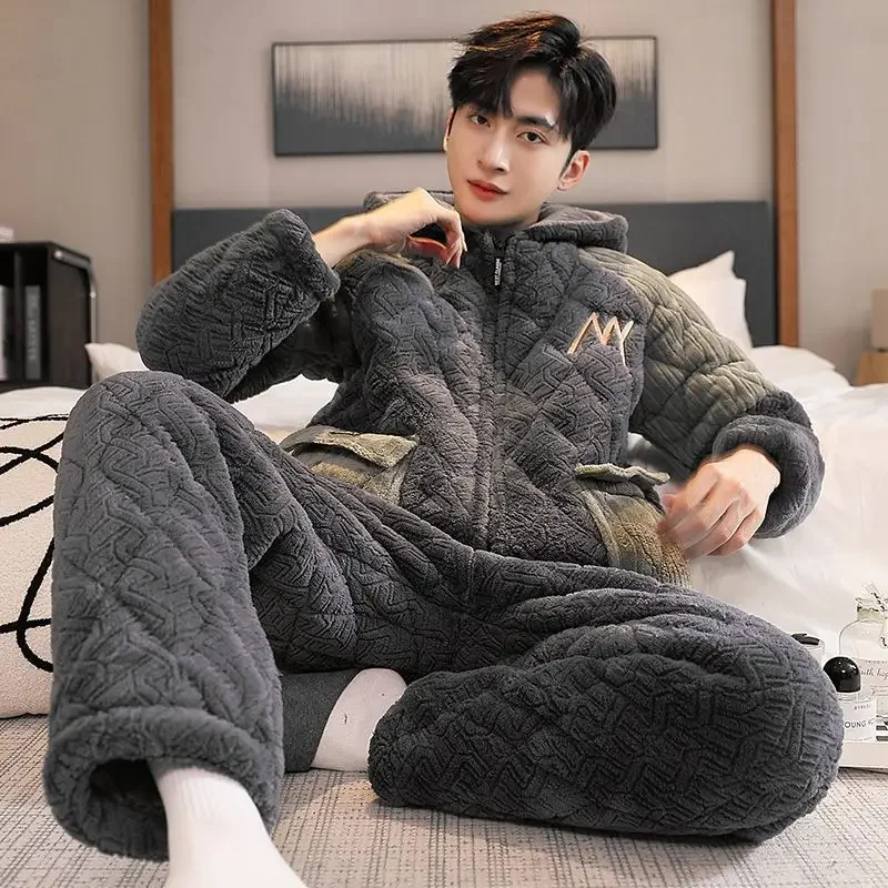 Pajamas Boy Thick Fleece Coral Fleece 3-layer Padded Flannel Men Sleepwear Thermal Loungewear Suit Autumn Winter Nightgown Set