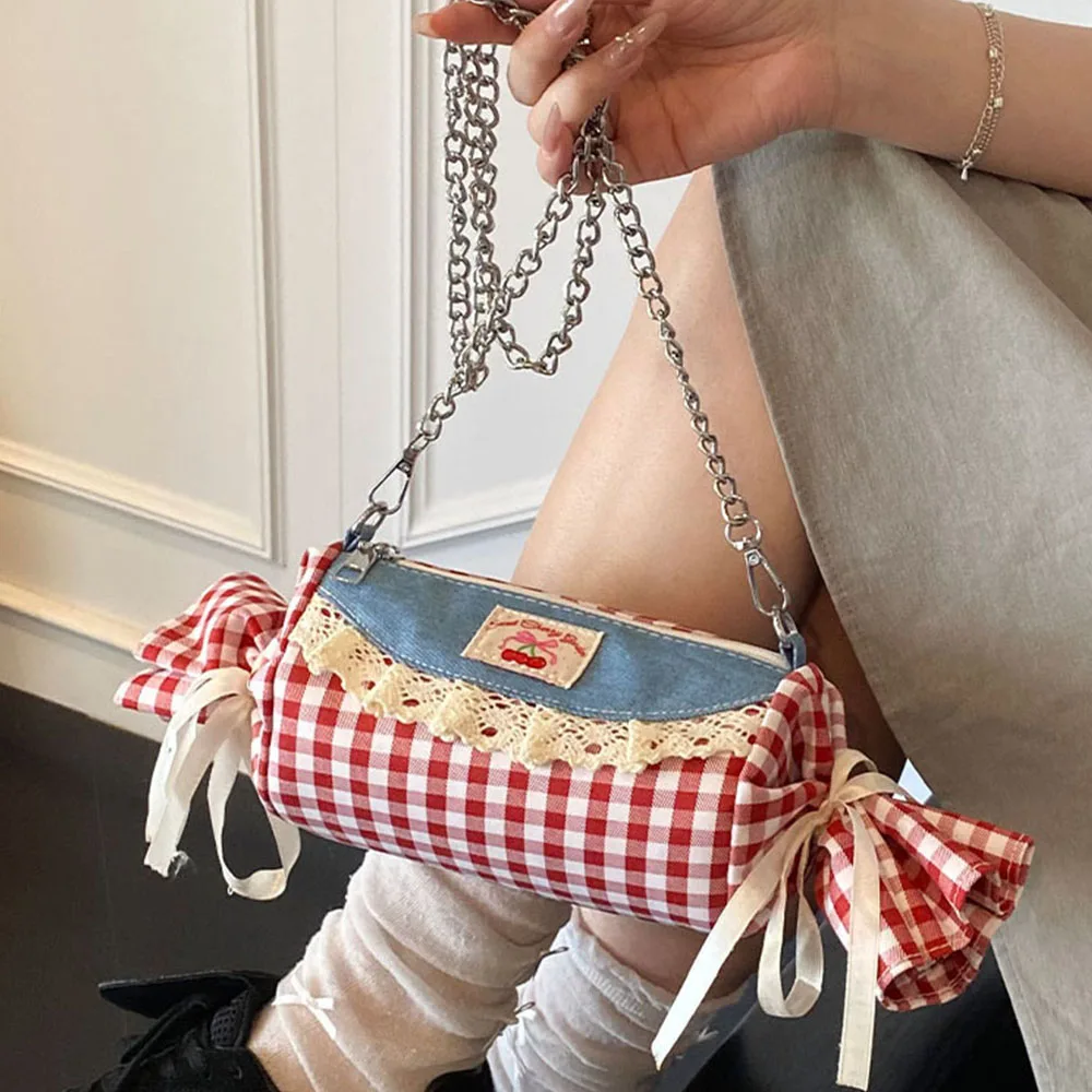 

Women Cute Pillow Bag Candy Shape Red Plaid Print Patch Chain Shoulder Bags Large Capacity All-match Shopping Messenger Packs