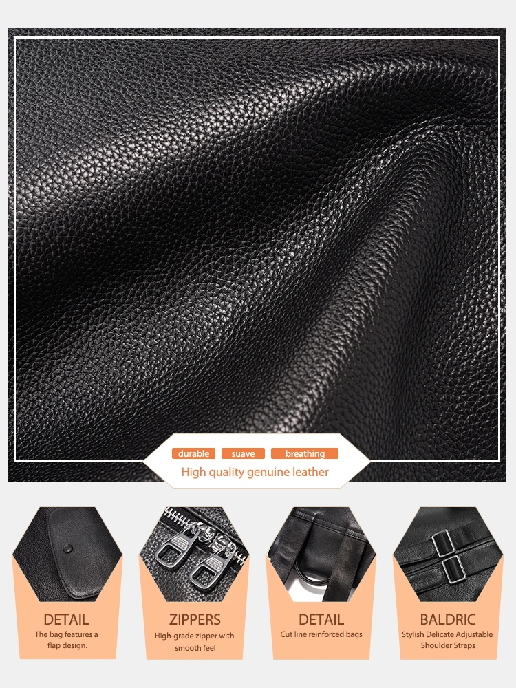 Zency 2025 Genuine Leather Black Backpack Multi-pocket Design Knapsack Flap Bag for Summer Winter Large Capacity For A4 Ipad