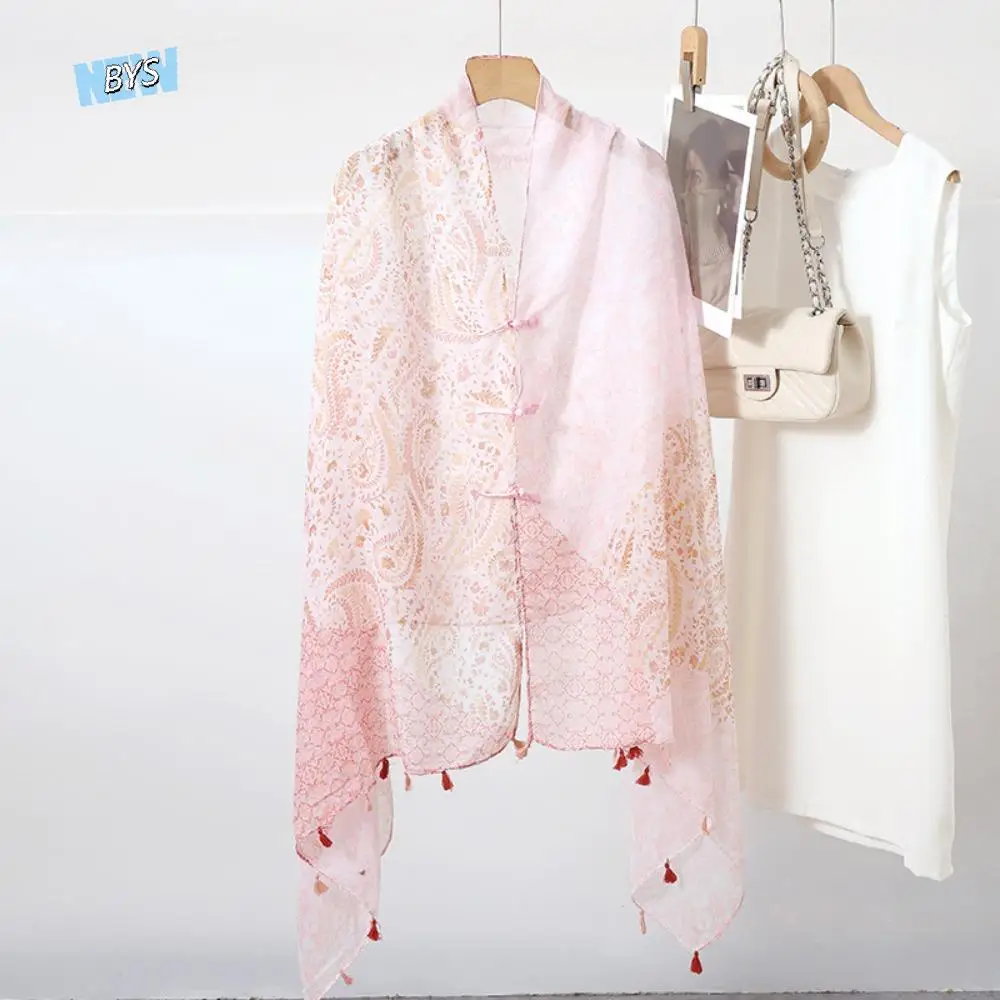 

Elegant Knot Button Sunscreen Scarf Shawl Tassels Flower Cardigan Cape Paisley Large National Style Cloak Beachside