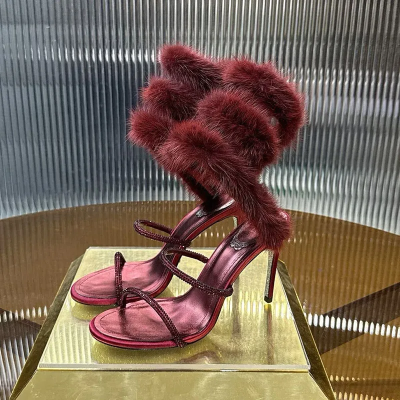Sandals Sparkling Rhinestone Fur Thin High Heels Women's Narrow Band Gladiator Sandalias Summer Sexy Party Banquet Dress Shoes