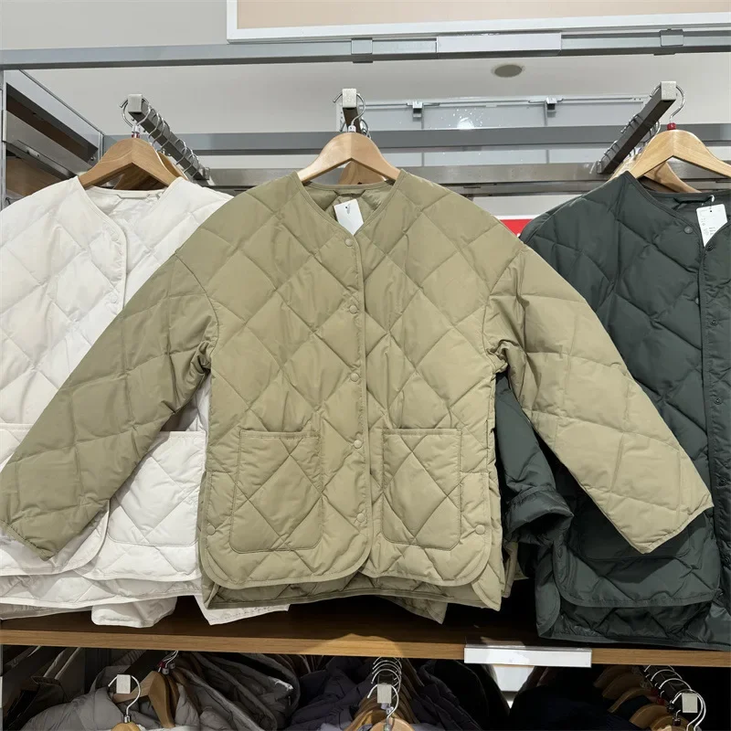 سترة نسائية فضفاضة غير رسمية من القطن الهوائي معطف برقبة دائرية نمط الماس للخريف والشتاء ملابس خارجية نسائية مريحة عصرية