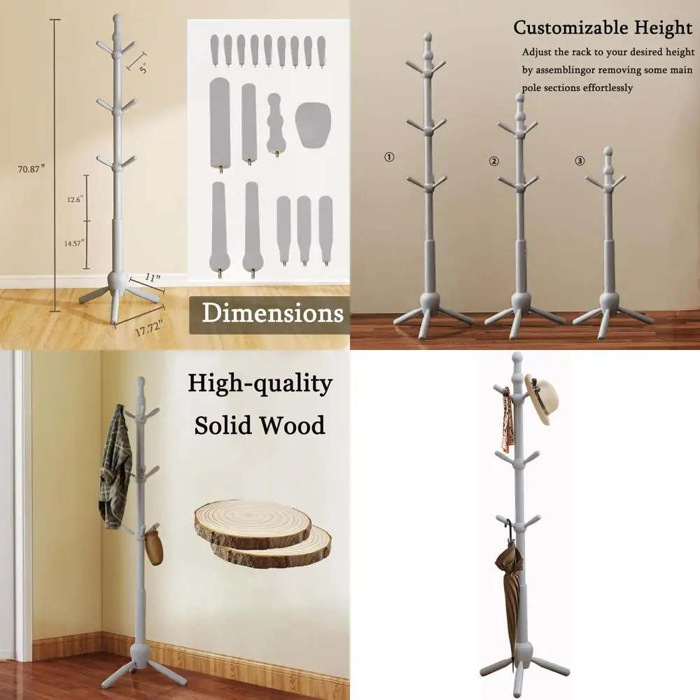 

Винтажная прочная вешалка для одежды из массива дерева с 9 крючками, регулируемая, серая, подходит для гостиной, прихожей, офиса, коридора