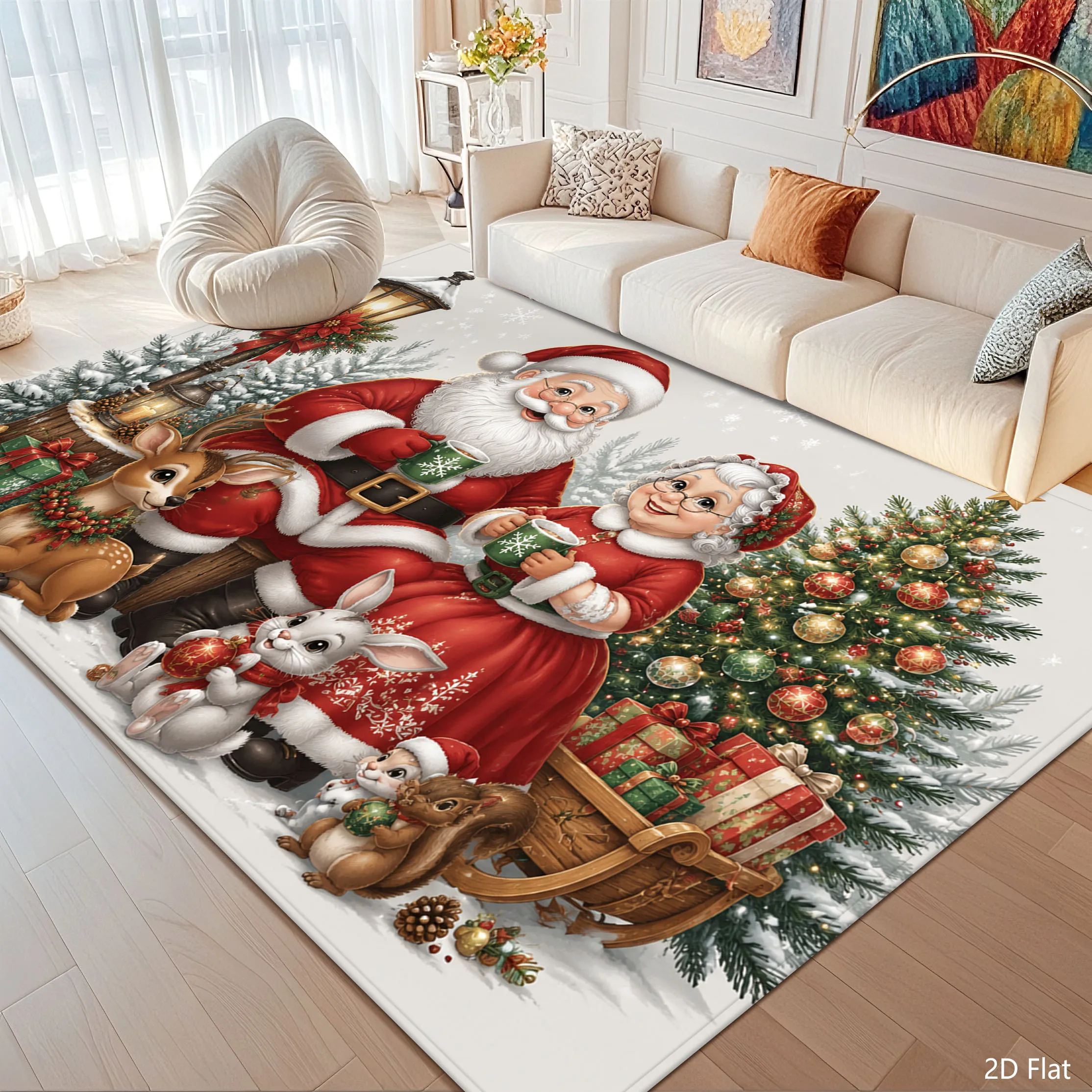 1pc 2D Flat Santa & Reindeer Christmas Printed Floor Mat, Decorative Rug for Living Room, Bedroom, Home