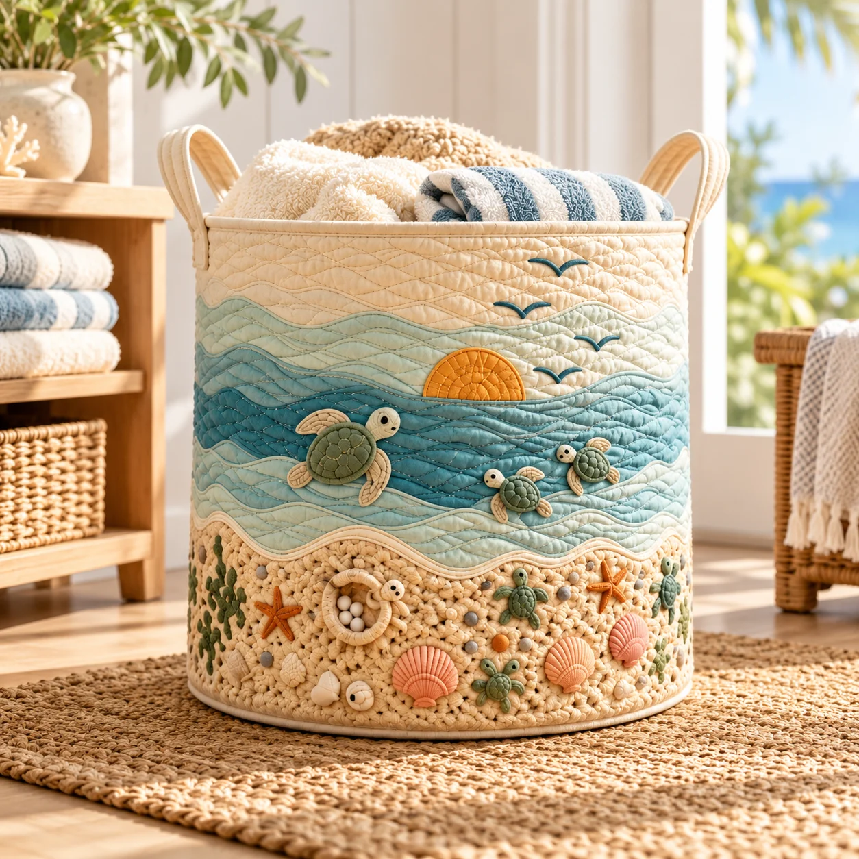 Collapsible Quilted Laundry Hamper with Handles, Ocean Sea Turtle Seashell Wave Pattern Large Fabric Laundry Basket, Foldable Freestanding Storage Bin for Bathroom, Nursery, Beach Home Decor