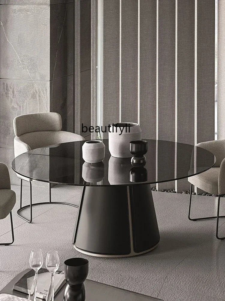 

3 Italian-Style Light Luxury Tempered Glass Dining Tables and Chairs Set Household Stainless Steel Feet round One Table Six C