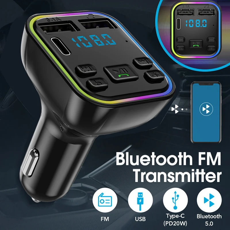 Bluetooth 5.0 FM Transmitter Handsfree Car Radio Modulator MP3 Player With Dual USB Type-c Super Quick Charge Adapter for Car