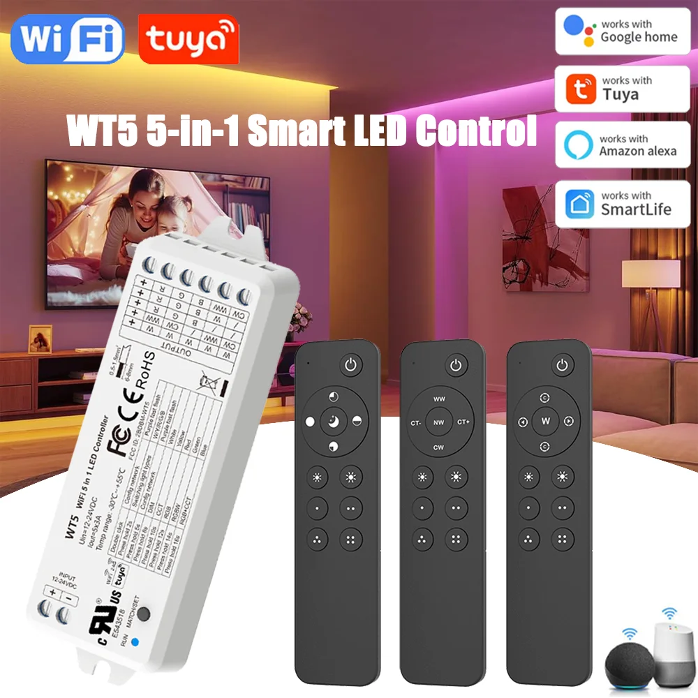 WT5 WiFi LED Controller 12V 24V DC 5 in 1 Dimmer RGB CCT RGBW RGBWW Strip Tuya Smart Wifi Voice with 1Zone/4Zones 12-Key Remote