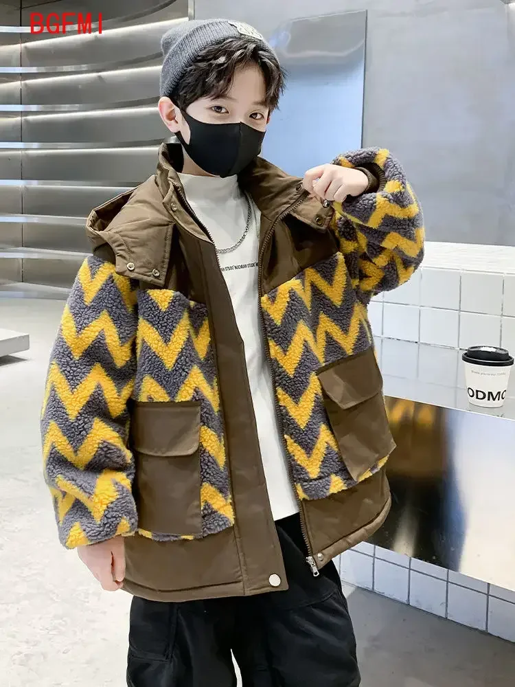 Childrens Clothing Boys Fleece Jacket Autumn Winter 2026 New Boys Thick Patchwork Parka Jacket Baby Winter Trendy Style Kids Top