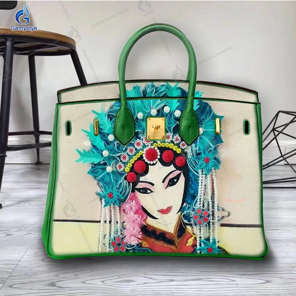 Art Hand-Painting A beautiful lady Customize Totes Designer Totes Women purses and handbags Genuine Togo Leather National Style