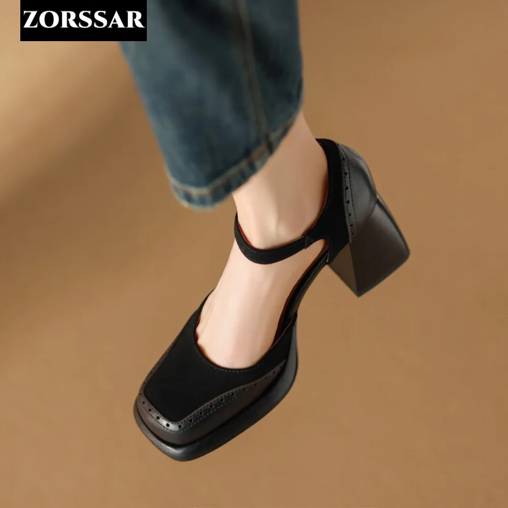 Zamszowe buty na obcasie w jednolitym kolorze Kobiety Square Toe Ankle Strap High Heels Shoes Woman Summer Sandals Patchwork Office Shoes Female