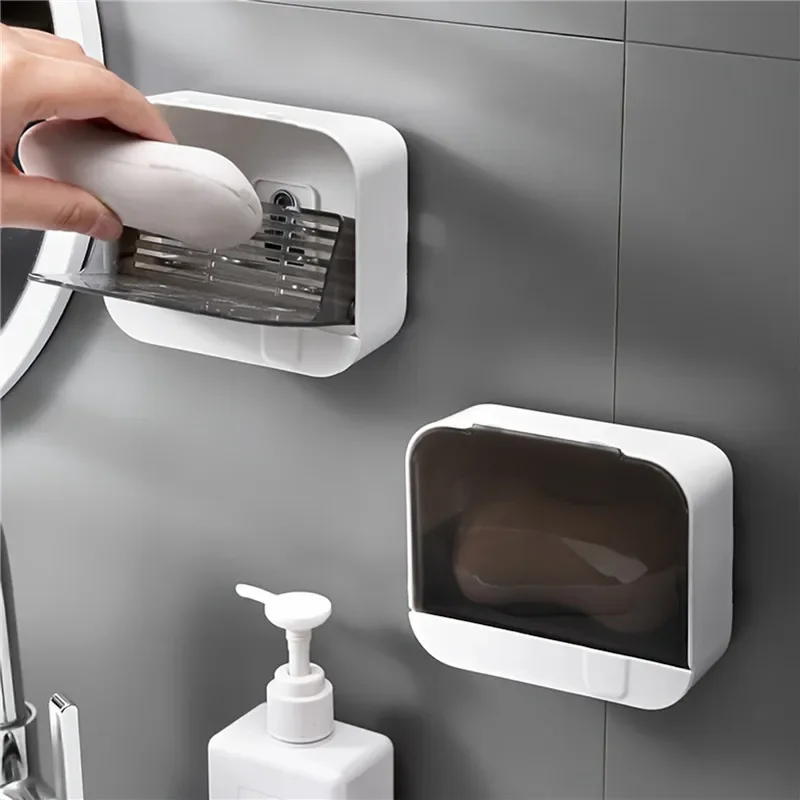 Practical Wall Mounted Soap Holder Box With Flip Lid Free Punch Drain Dish Double Grids Draining Rack For Home Bathroom