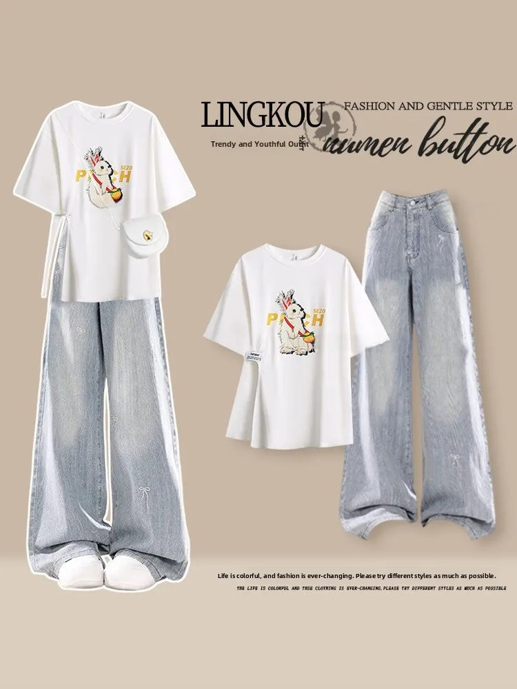 

plus Size Casual Set Women Summer Shoulder Correct Loose Anti-Aging Rabbit T-Shirt Retro Slimming Light Denim Pants Two-Piece...