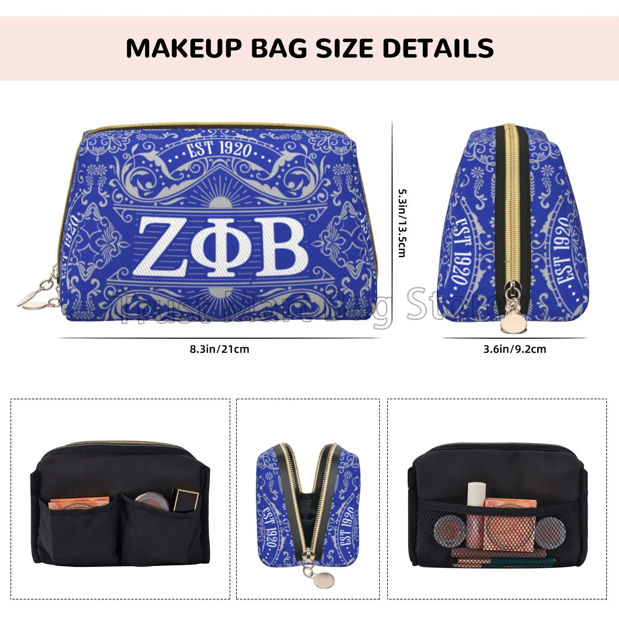 Zeta Phi Beta Print Grand sac de maquillage en cuir pour femme, trousse de toilette de voyage, sacs à cosmétiques en poudre, sac de rangement multifonctionnel portable, cadeau