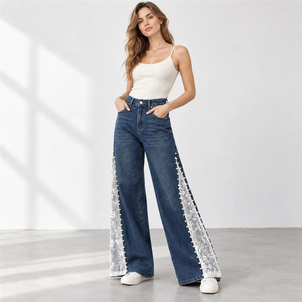 Women’s Casual Style Relaxed Fit Jeans Wide-Leg Silhouette Comfortable Design Denim Fabric Everyday Outfit