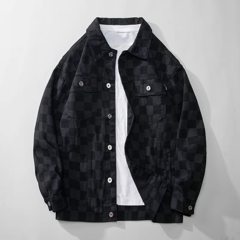 

New handsome high street checkered denim jacket for men fashionable and trendy loose and semi retro overcoat