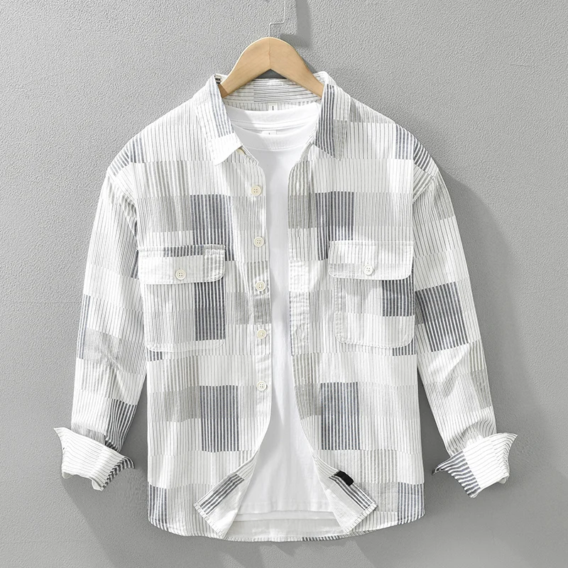

Полосатые рубашки из 100% хлопка с большими карманами для мужчин, одежда, повседневные свободные мужские рубашки с длинными рукавами