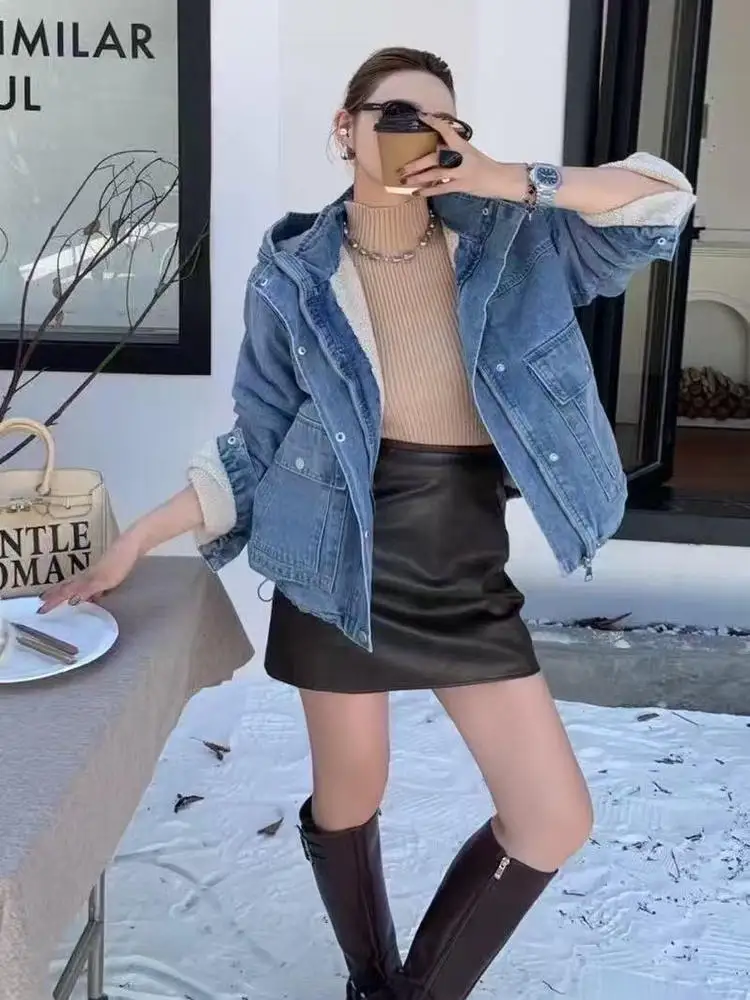 

Sli Hooded Denim Cotton Jaet Women's Winter Fce Lined Warm Coat with Large kets Parka Sle Cotton Coat