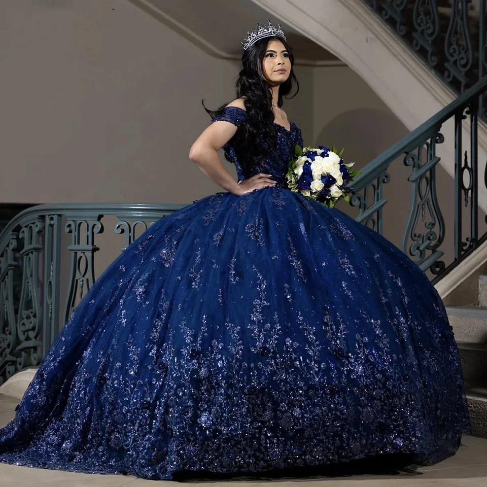 

Navy Blue Ball Gown Quinceanera Dresses Lace Floral Appliques Beaded Off Shoulder Princess Prom Dress For 15 Girls Celebrity