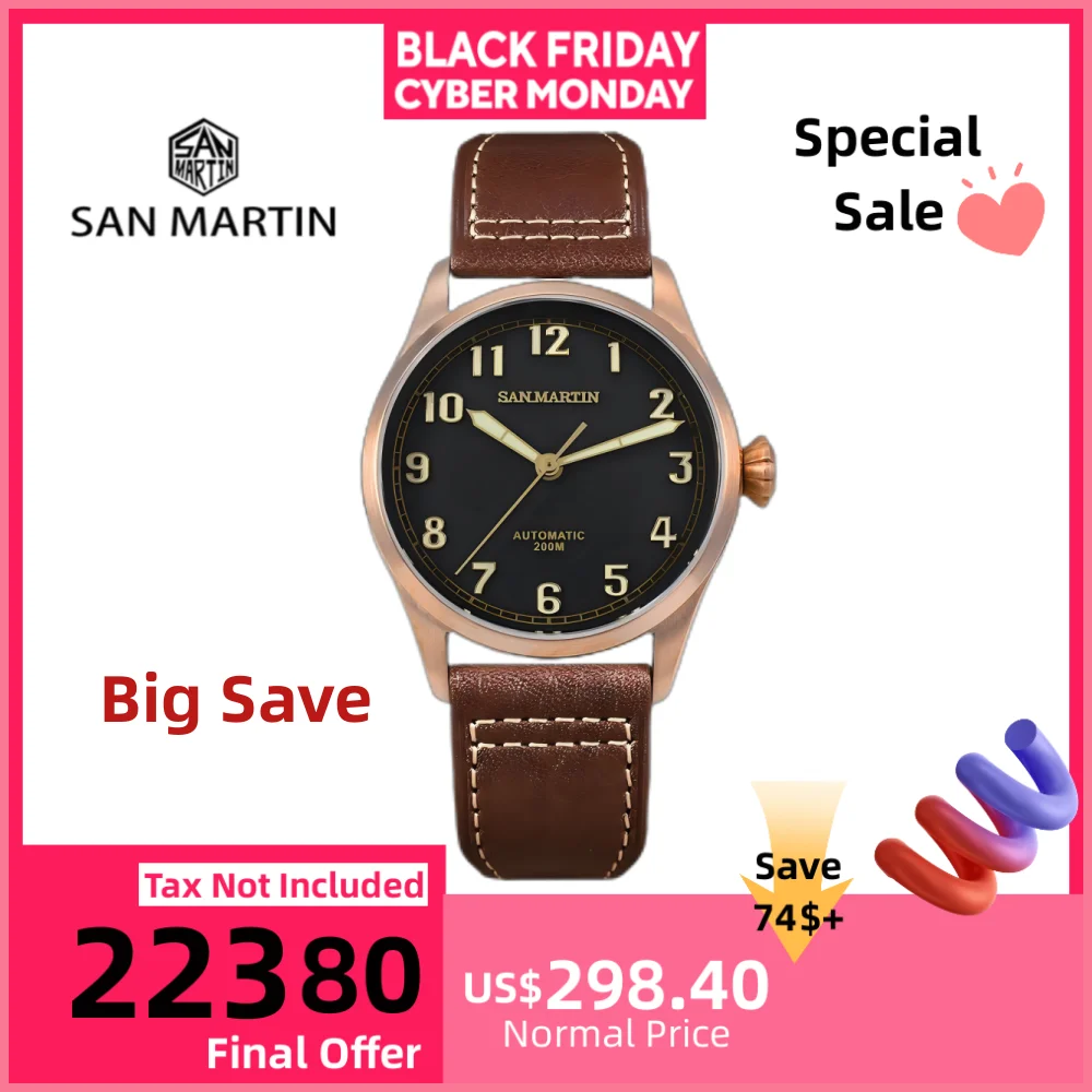 

San Martin 42 мм ретро мужские дайверские часы CuSn8 бронзовый кожаный ремешок автоматические механические наручные часы светящиеся наручные часы SN0043Q