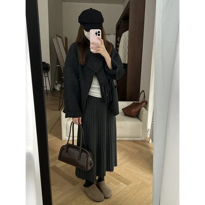 Autumn Winter Vintage Thickened Knitted Gray Pleated Long Skirt Women Korean Fashion Simple Versatile Commuter Ladies Maxi Skirt