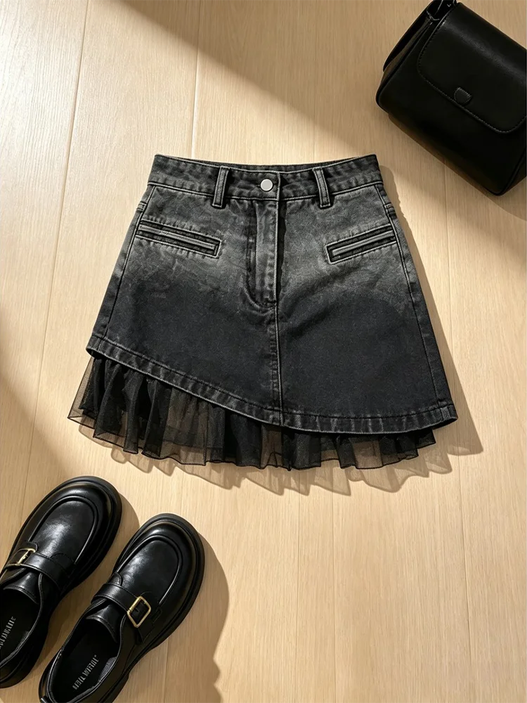 High Waist Gradient Color Block A-Line  Skirt Women's Summer Slimming Mesh Splice Denim Skirts American Hot Girl Style