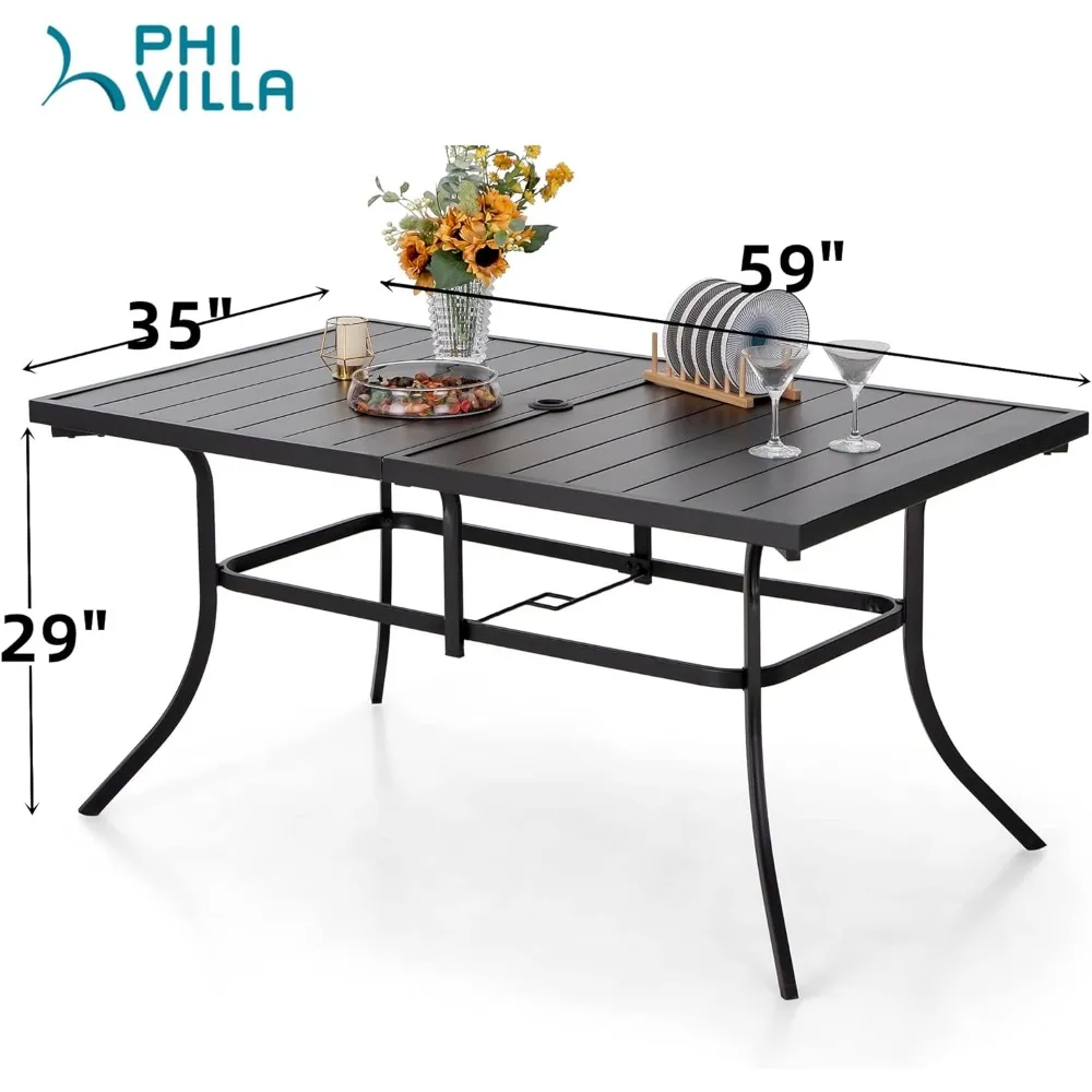 6-Person Outdoor Metal Steel Slat Dining Rectangle Table with Adjustable Umbrella Hole,Weather-Resistant for Patio Outdoor Black