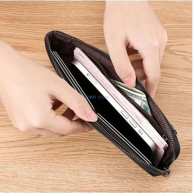 D0UD Men Wallet Vintage Leather Long Wallet Zipper Business Coin Purse Phone